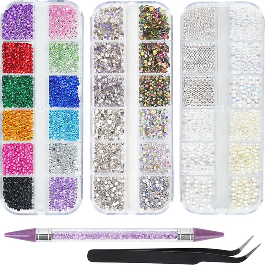 5200PCS Nail Gems and Charms, AB Crystal Nail Rhinestones with Flatback Nail Pearls, Pick Up Tweezers, Rhinestone Picker Tool, Flat Back Nail Gems for Nail Art, Clothes, Face, Craft