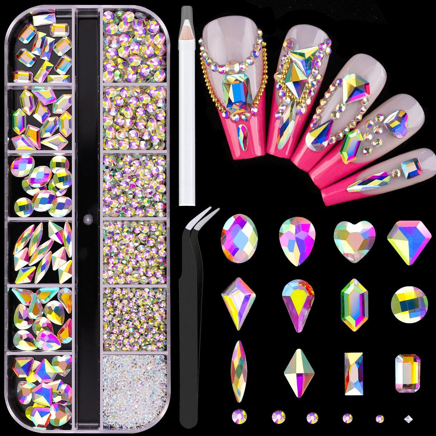 2060Pcs AB Glass Nail Rhinestones 60Pcs Multi Shapes Flatback Nail Gems + 2000Pcs 1.5-4mm Round Crystal, Manicure Nail Charms Diamond Gemstones for Acrylic Nails Decoration