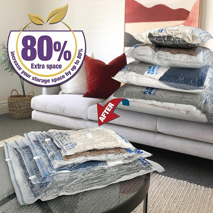 HIBAG Vacuum Storage Bags, 10-Pack Vacuum Seal Bags for Clothing Clothes, Space Saver Bags (2 Jumbo, 2 Large, 2 Medium, 2 Small, 2 Roll-up) with Pump (10-Combo)