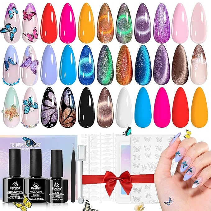 Beetles Cat Eye Gel Nail Polish Set, 15 Colors Gel Polish Nail Kit, Orange Glitter Purple White Blue Sparkle Uv Gel with Base & Top Coat & 3D Silicone Mold Nail Art for Decoration