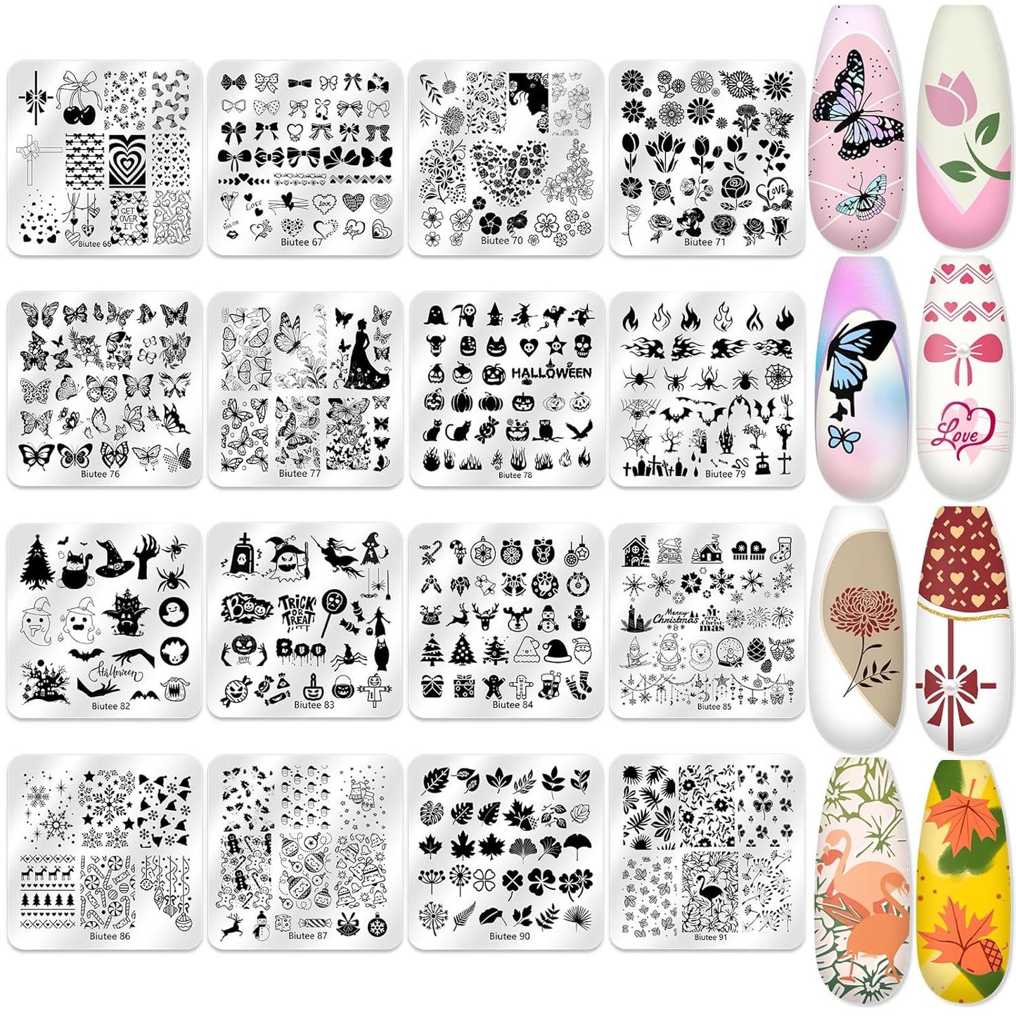 Biutee Nail Stamping Plate 20Pcs Nail Stamper Kit 16Pcs Nail Art Stamping Plates with Silicone Stamper, Scraper & Storage Bag, Stamp Plates Star Plaid Love Leaf Template Halloween Design Gift