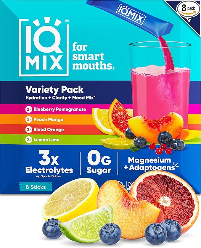 IQMIX Hydration Electrolyte Powder – 4-in-1 Formula for Hydration, Mental Clarity, Mood and Recovery – Sugar-Free Drink Mix, Keto, Magnesium L-Threonate, Lion’s Mane – 8 Count Sampler Pack