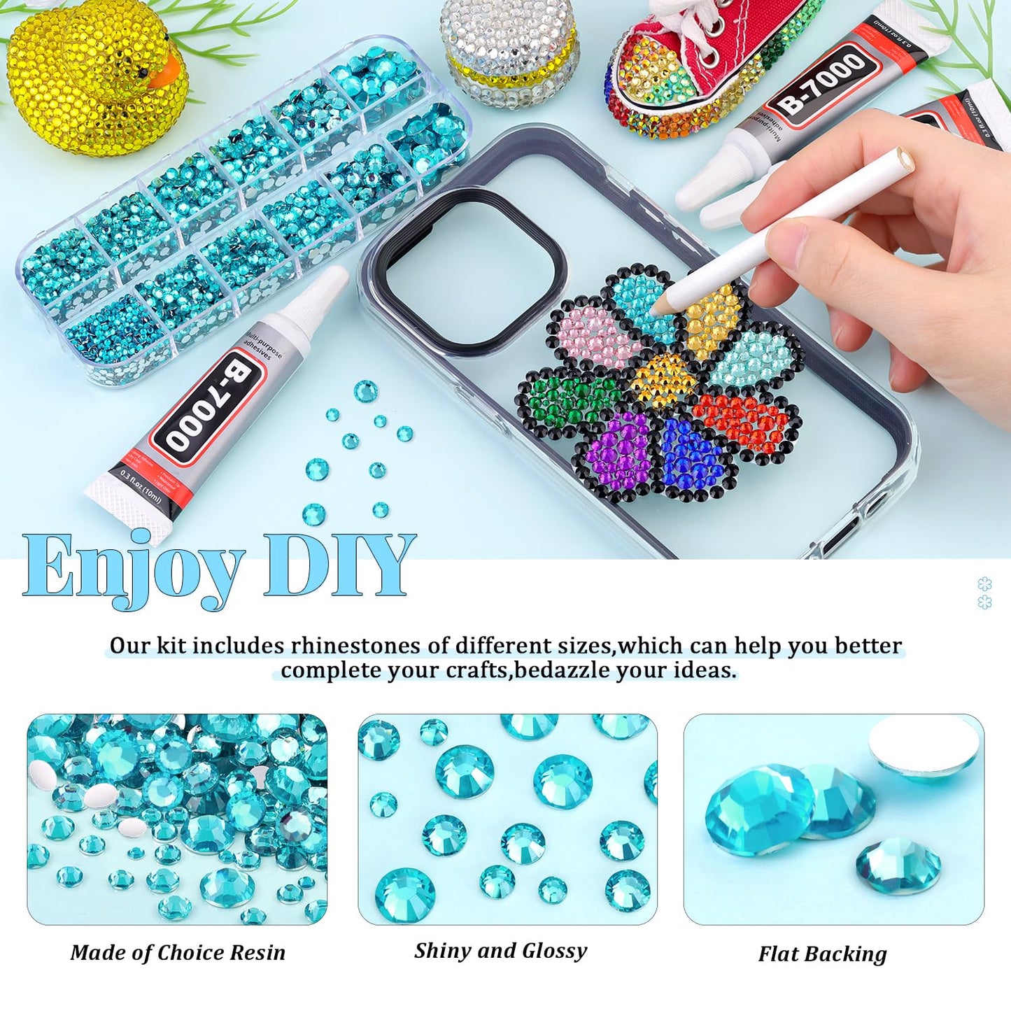 6000Pcs Resin Rhinestones for Bedazzling with 3Pcs B7000 Jewelry Glue, 1 Box Teal Blue Flatback Rhinestones for Crafting Crafts DIY, Crystals Gems for Clothing Shoes Tumblers Nail Art Makeup