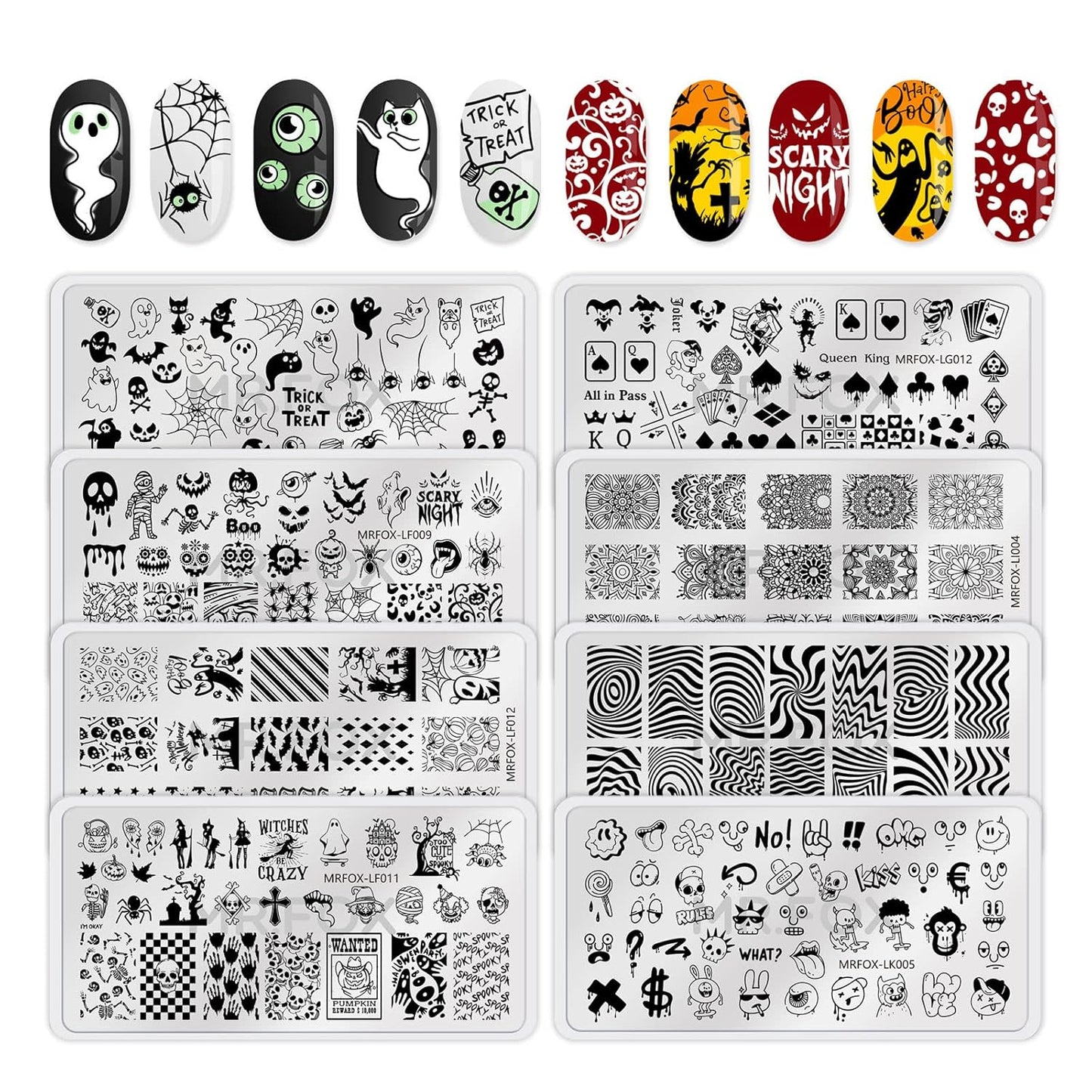 8PCS Halloween Nail Stamping Plates, Pumpkin Skull Bat Poker Image Stainless Steel Stencil, DIY Nail Art Template Tools