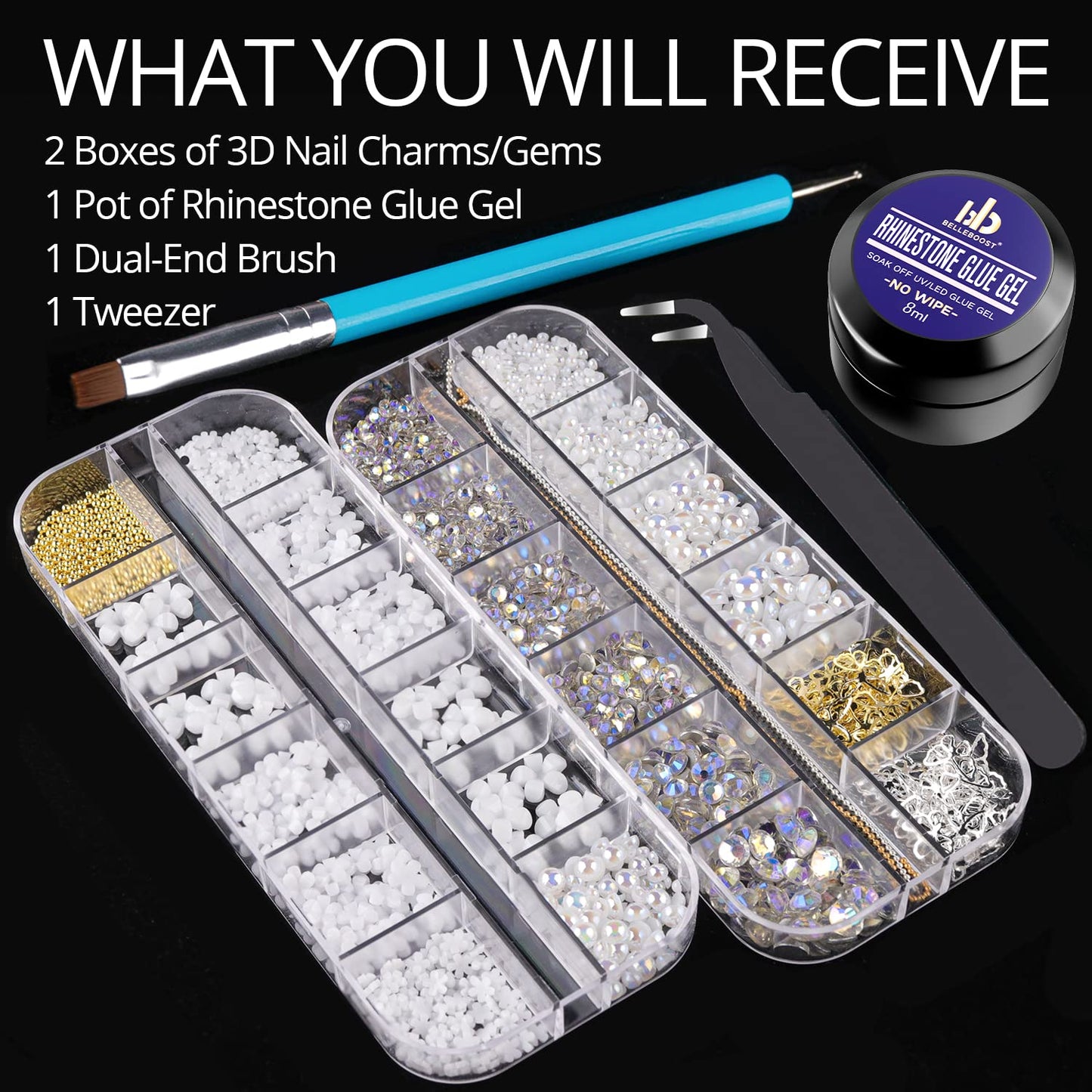 Mixed 3D Nail Art Gem Decoration Accessories Kit #6, Butterfly Starry AB Rhinestone Charm Jewelry for Deco, Pearl Flower Caviar Bead Stone Crystal with Dual-End Brush and Tweezer