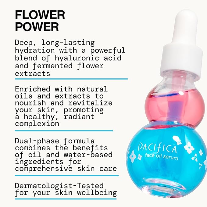 Pacifica Face Oil Serum - Flower Fix Bi-Phase Hydrating Skin Barrier - w/Hyaluronic Acid & Natural Botanical Ingredients - for Dry Sensitive Skin Vegan & Cruelty-Free Dermatologist Approved