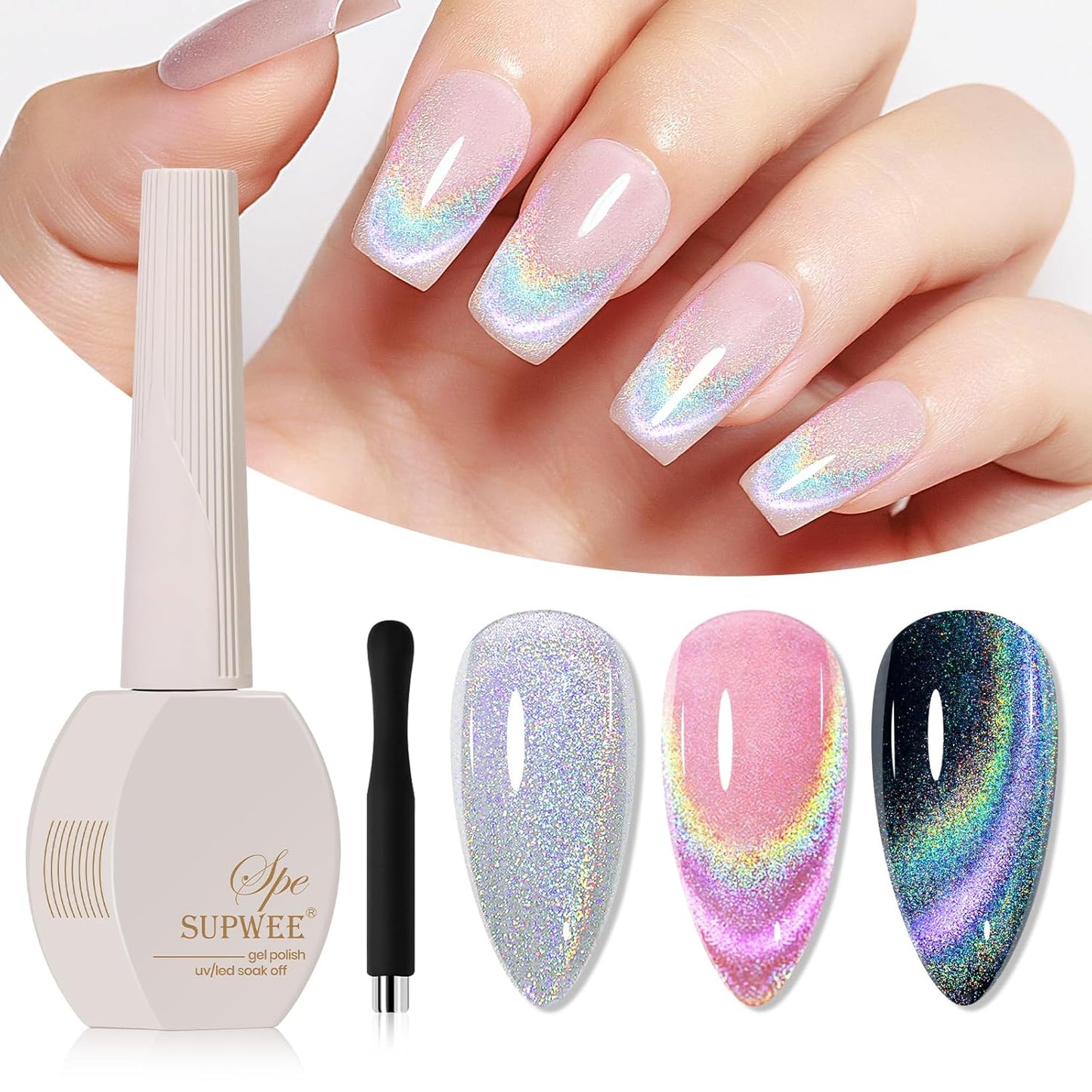 Rainbow Cat Eye Gel Polish - 15ml Holographic 9D Cat Eye with Magnetic Stick for a Glittery Iridescent Galaxy Effect Soak Off UV Lamp Perfect for Nail Art & DIY Manicures at Home