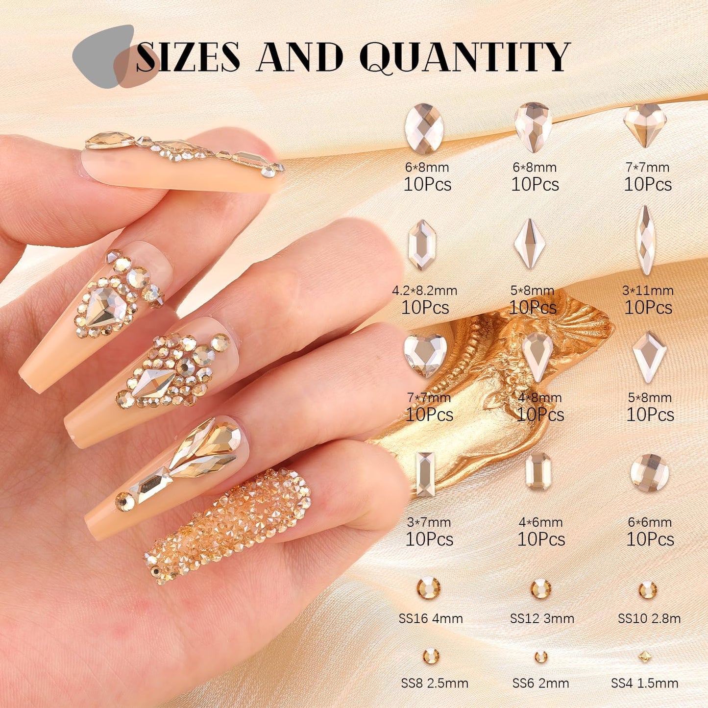 2680Pcs Champagne Gold Glass Nail Rhinestones 120Pcs Multi Shapes Flatback Nail Gems +2560Pcs 1.5-4mm Round Crystal with Rhinestones Glue Gel, Manicure Nail Charms Diamond Gemstone for Nail Art