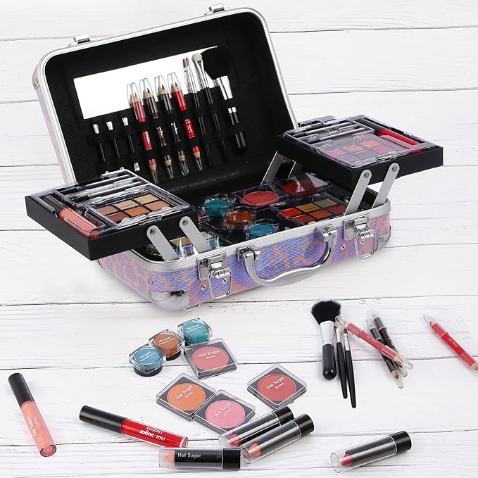Hot Sugar All In One Makeup Set for Adults and Girls - Full Makeup Kit for Beginners With Eye Shadow Palette, Blush, Lip Gloss, Brush, Mirror (Pink Leopard)