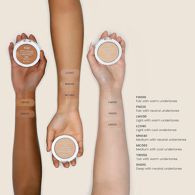 JOAH Perfect Complexion Cashmere Powder Foundation, Medium Face Coverage, Matte Finish, Korean Makeup, Compact Design For Oily & All Skin Types, 16 Hour Wear, Light with Warm Undertones