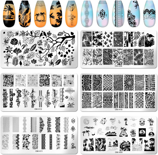 6pcs Nail Art Stamping Plates Set Manicuring Accessories Coconut Tree Leaves Flowers Birds Cactus Island Geometry Image Template for DIY Tips Decoration