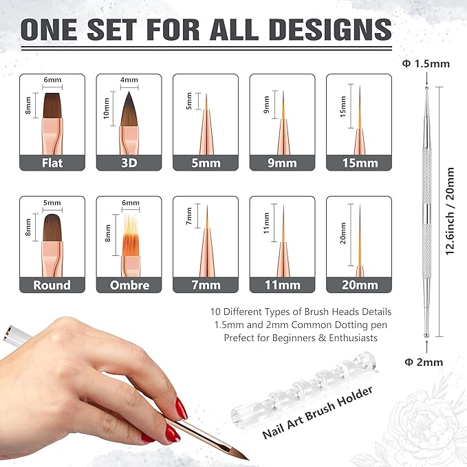 Nail Art Bushes Set, Professional 5Pcs Double-Ended Nail Brush Kit for Details, Long Lines, Ombre & 3D Design-Perfect for DIY Manicures & Salons (White)