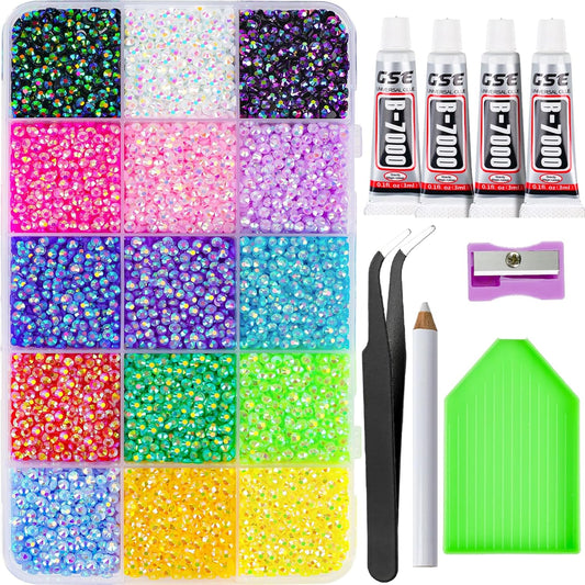 Canvalite 18000PCS Nail Rhinestones for Crafting, Multicolor 3mm Flatback Rainbow Gems, Bedazzling Crystal with 4Pcs 2.5g Jewelry Glue for DIY Crafts Clothing Shoes Nail Art,Stocking Stuffers Gifts