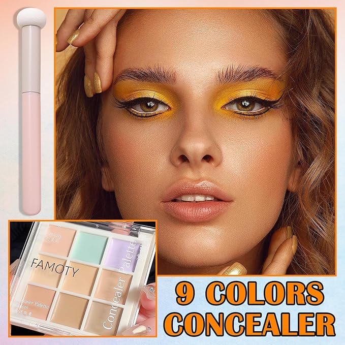 9 Colors Corrector Concealer Palette,Correcting Concealer Cream Makeup Contour Palette Conceals for Dark Circles and Blemish,Contouring Liquid Foundation Highlighting Makeup Kit with Brush