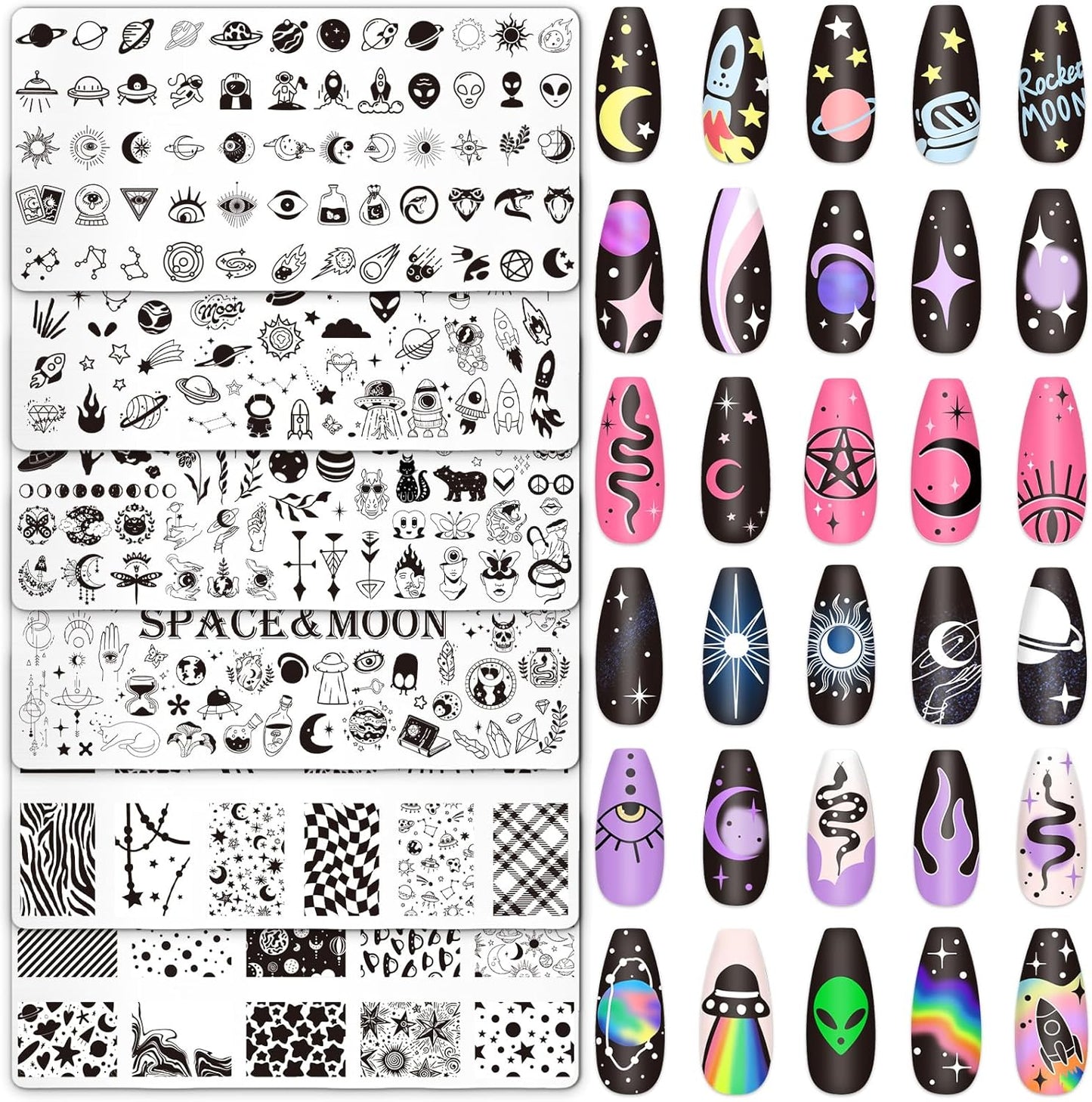 Whaline 6Pcs Outer Space Nail Plates Stamping Set Rocket Moon Planet Astronaut Stamp Templates Nail Art Plates for DIY Print Manicure Salon Design