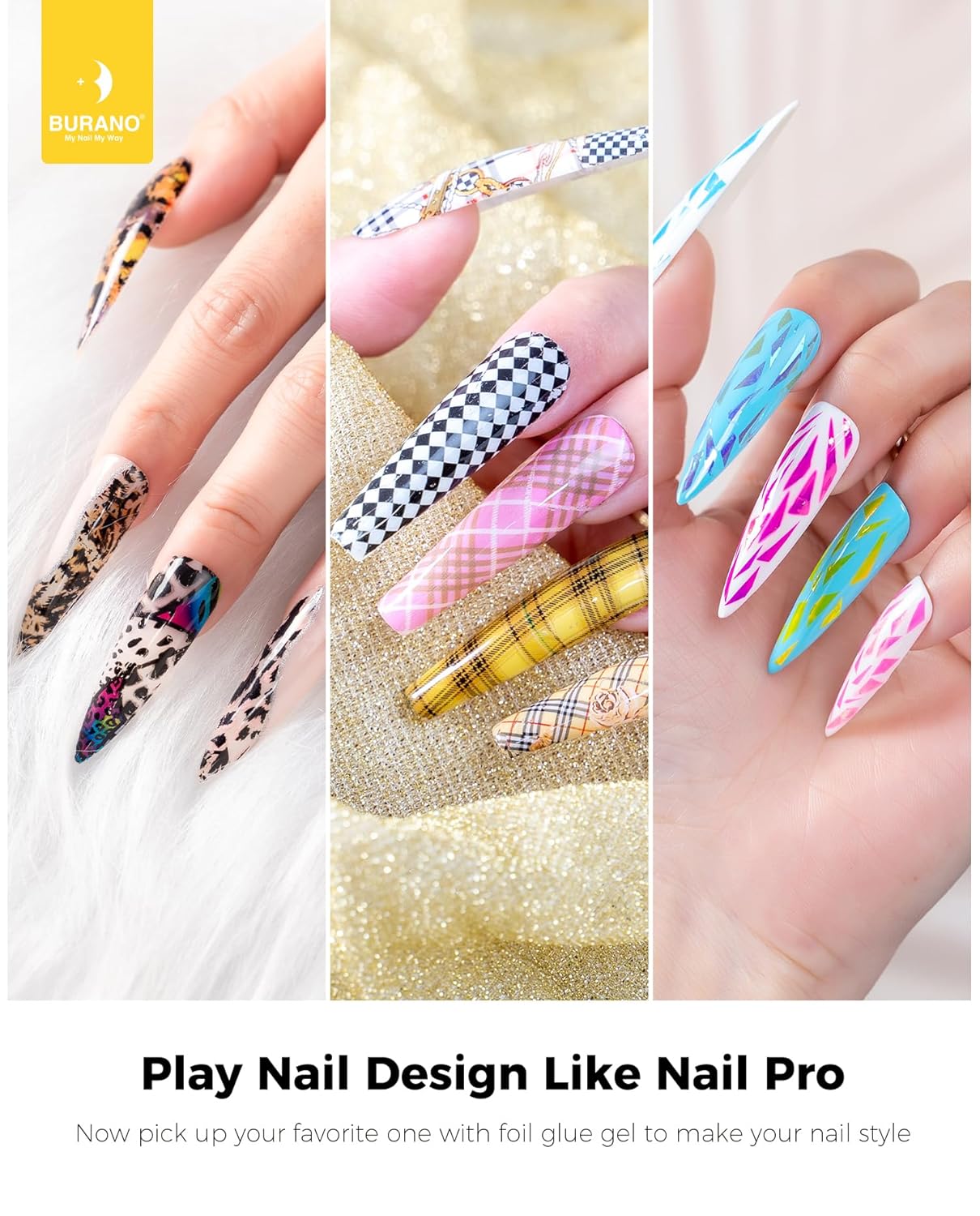 BURANO Nail Art Nail Foil Glue Gel, o.5 oz with 10PCS Foil Stickers Set Nail Foil Glue for Nails Foil Transfer Gel, Nail Design DIY UV LED Lamp Required (Animal Foil 06)