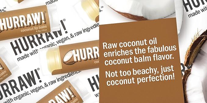 Hurraw! Coconut Lip Balm, 5 Pack: Organic, Certified Vegan, Cruelty and Gluten Free. Non-GMO, 100% Natural Ingredients. Bee, Shea, Soy and Palm Free. Made in USA