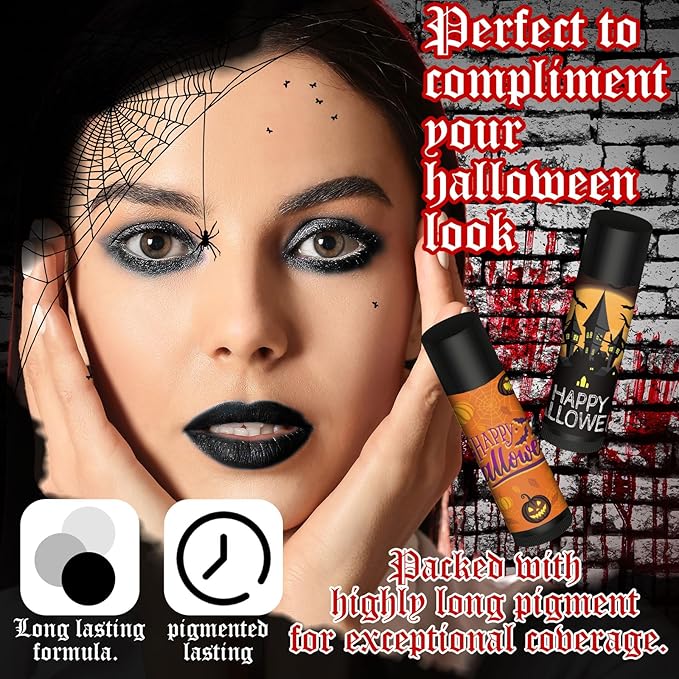 48 Pcs Halloween Spooky Lip Balm Gifts Bulk Black Lip Moisturizers Makeup Lipstick Ghost Spiderweb Skull Bat, Honey Flavor for Halloween Party Treat Bag Stuffers Women Men Adults