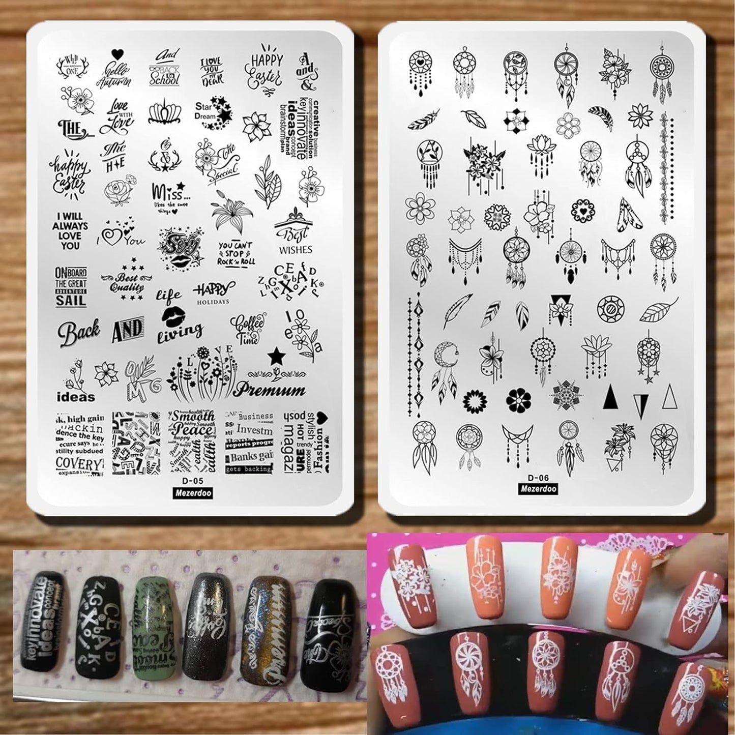 Flowers Leaf Love Nail Stamping Plate 2pcs Dreamcatcher Feather Pendant Image Stamping Template Alphabet Letter Words Creative Large Size Nail Plate Printer Star Lips Nail Stamp Stencil 14.5×9.5cm