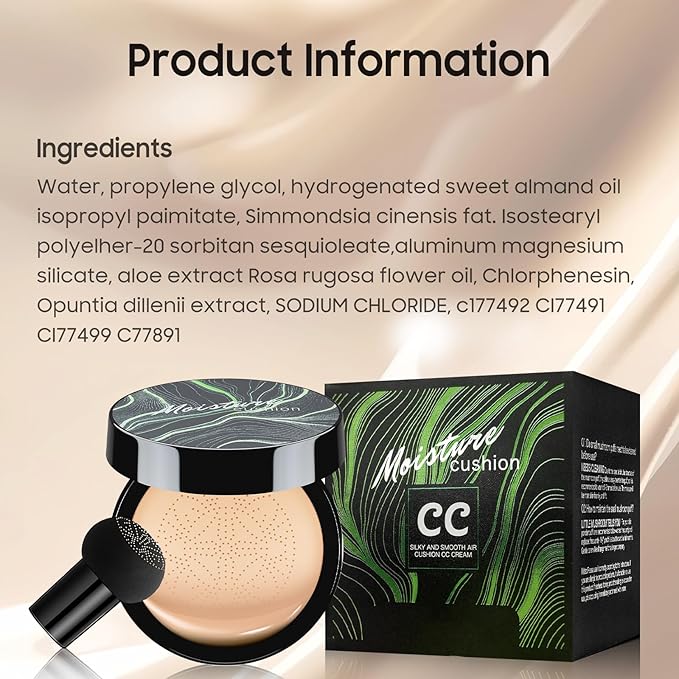 Air Cushion CC Cream Mushroom Head Foundation - Moisturizing BB Creams Foundation, Long-Lasting Waterproof Matte Concealer for Even Skin Tone (Nude, 1 PCS)