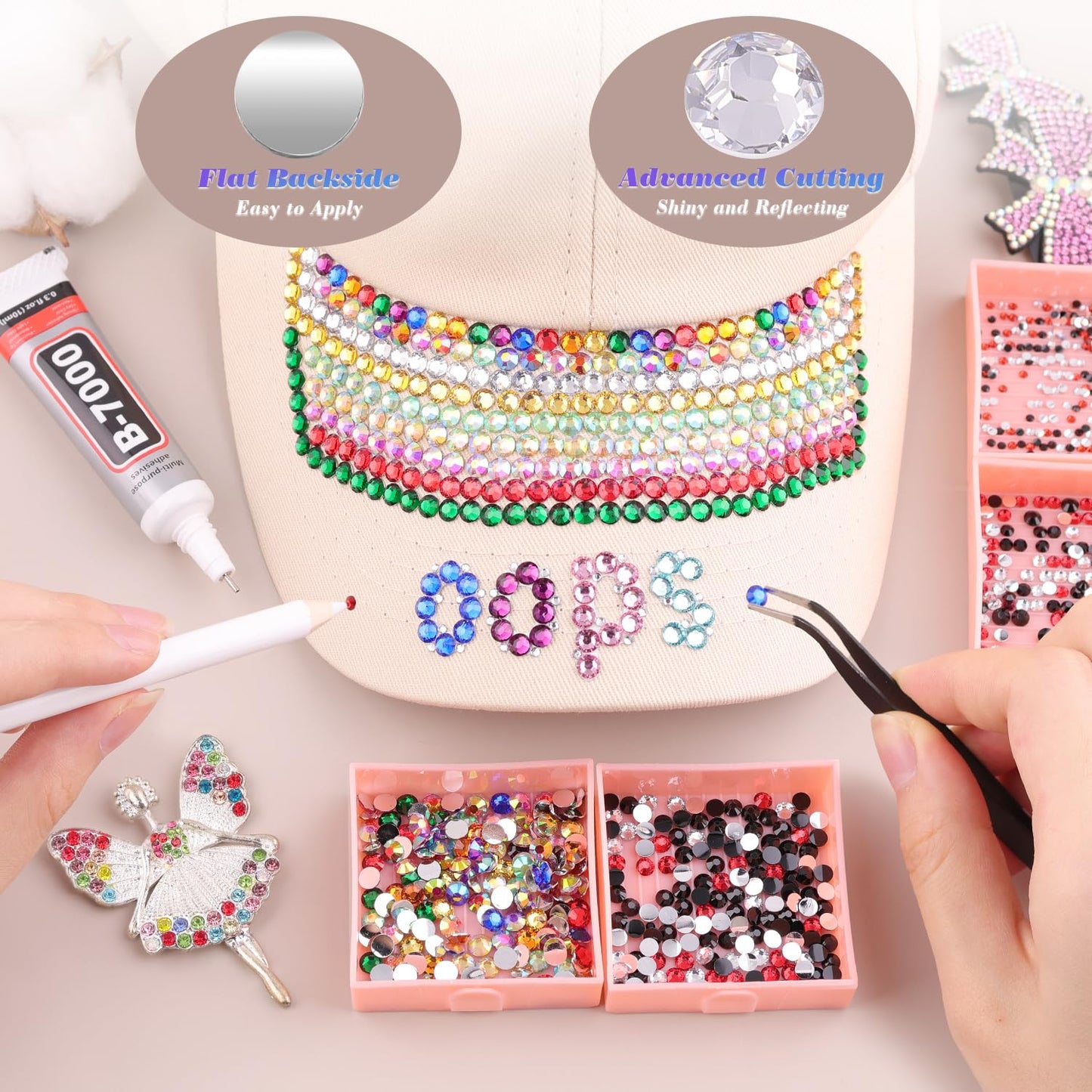 8500 PCS Flatback Rhinestones for Crafting and 3PCS B7000 Glue (Pack 1), 2 Boxes of Rainbow Resin Rhinestones Gems Charms for Bedazzling DIY Crafts Fabric Clothing Tumblers Shoes Nail Art