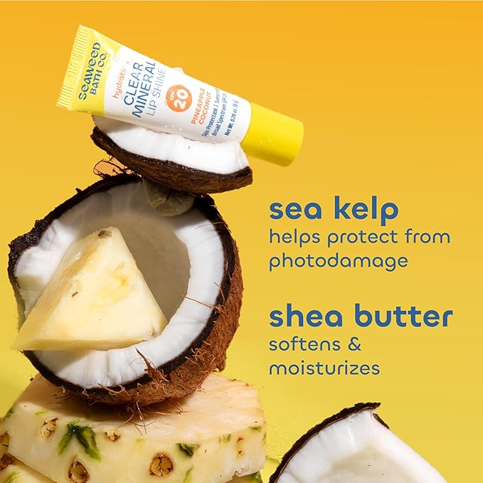 Seaweed Bath Co. Hydrating Clear Mineral Lip Shine SPF 20 Sunscreen Zinc Oxide Lip Balm, 0.28 Oz, Moisturizing Care for Dry, Chapped Lips