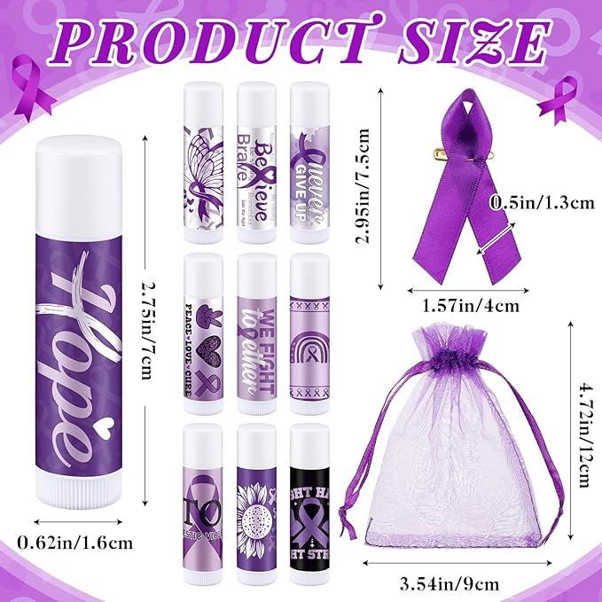50 Set Overdose Awareness Lip Balms Gifts with 50 Organza Bags 50 Purple Awareness Ribbon Pins Raise Awareness for Domestic Violence Pancreatic Cancer Lupus Alzheimer's Awareness