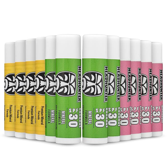 Headhunter Sport Chapstick Sunscreen SPF 30, Natural Mineral Waterproof Lip Balm For Sun Protection, Ultra Solar Defense - Reef Safe Sunblock Chap Stick, 3 Flavors - Coconut, Pineapple, Mango (12 Pack)