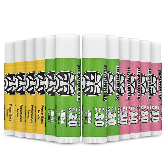 Headhunter Sport Chapstick Sunscreen SPF 30, Natural Mineral Waterproof Lip Balm For Sun Protection, Ultra Solar Defense - Reef Safe Sunblock Chap Stick, 3 Flavors - Coconut, Pineapple, Mango (12 Pack)