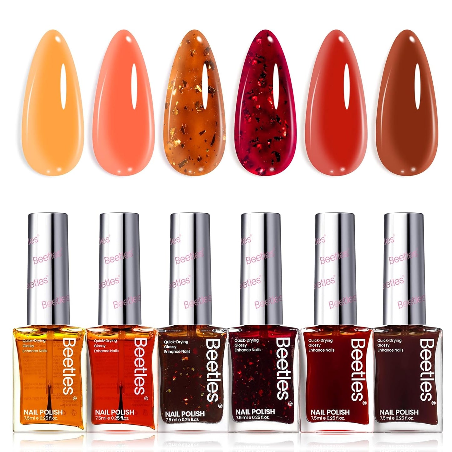 Beetles Fall Nail Polish Set - Golden Harvest 6 Colors Quick Drying Long-Lasting Burgundy Red Orange Jelly Glitter Nail Polish for DIY At-Home Manicure Gift for Women