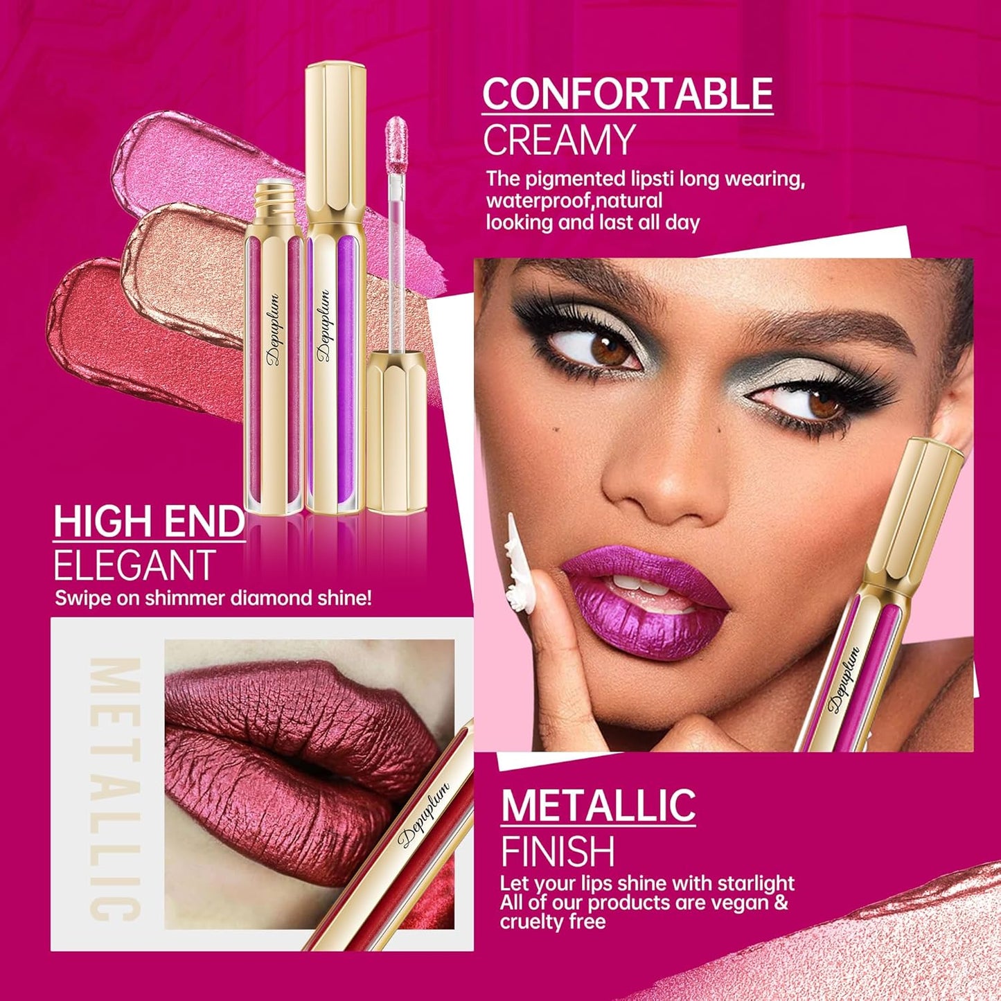 Purple Lipsticks for Women Metallic Lipstick Long Lasting Lip Gloss Metal Shine Lightweight Hydrating Full Coverage Lip Color, DP102 Piggy