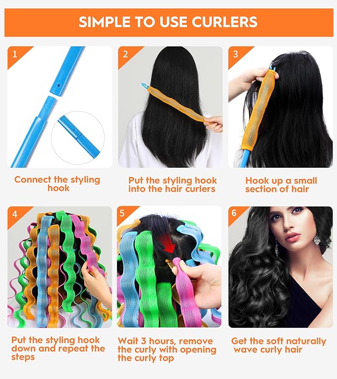 42 Pieces Heatless Waves Hair Curler, No Heat Damage Wavy Hair Curlers with 2 Sets of Styling Hooks, Heatless Curls for Women Girls Long Medium Short Hair(4 Colors,55cm/ 21.65")