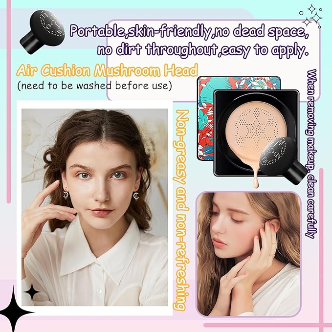 Air Cushion CC Cream Mushroom Head Foundation,Waterproof Long Lasting Loose Setting Powder,Moisturizing BB Cream Liquid Foundation Makeup Primer Concealer Base with Makeup Sponge（4PCS）