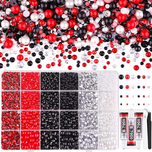 9000PCS Flatback Pearls and Rhinestones for Crafting, Red White Black 3-10mm Resin Rhinestones and Half Pearls for Bedazzling, Nail Art and Dec with 3pcs B7000 Jewelry Glue, Tweezer and Pickup Pencil