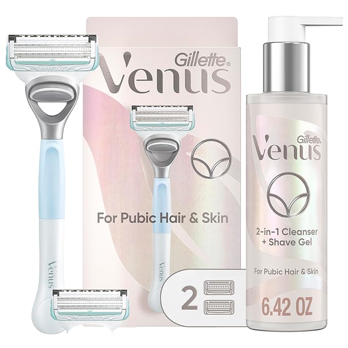 Gillette Venus for Pubic Hair and Skin Shaving Set, Women’s Razor, 1 Handle + 2 Blade Refills + 2-in-1 Cleanser