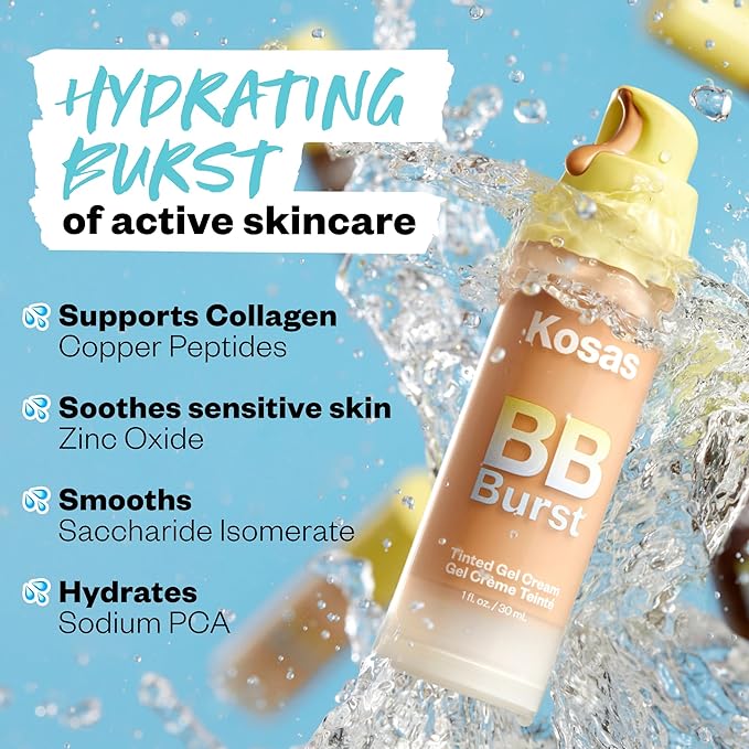 Kosas BB Burst Tinted Face Gel Cream - Supports Healthy Collagen, Smoothes Skin, Hydrates & Moisturizes - Lightweight Buildable Coverage - Rich Deep Neutral 45, (1 Oz/30 ML)