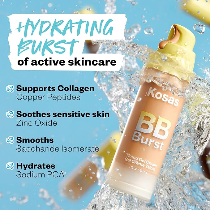Kosas BB Burst Tinted Face Gel Cream - Supports Healthy Collagen, Smoothes Skin, Hydrates & Moisturizes - Lightweight Buildable Coverage - Medium Neutral 23, (1 Oz/30 ML)