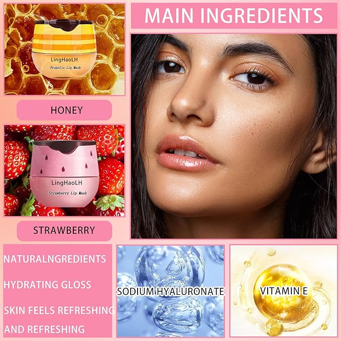 2PCS Bee Lip Balm,Hydrating Honey Pot Lip Balm with Stick,Non-Greasy Silky Sleeping Lip Mask Set,Long Lasting Lip Scrubs Moisturizer for Dry Cracked Lips（Honey ＋Strawberry）