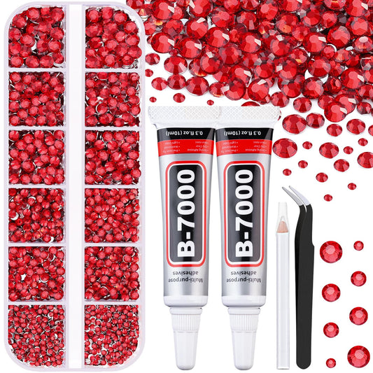6100Pcs Resin Rhinestones for Crafting with 2Pcs 10ml B7000 Jewelry Glue, 1 Box Flatback Crystals Diamond (Red) for Bedazzling Crafts DIY Nail Art Non Hotfix Gems for Clothing Shoes Tumblers