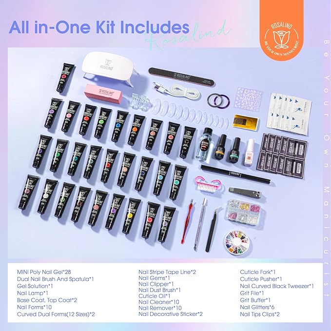 ROSALIND 28 Colors Poly Nail Gel Kit With Mini Lamp - Clear Neon Starter Kit for Beginners, Halloween, Spring, Summer With Everything