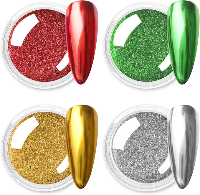 Allstarry Chrome Nail Powder 4 Colors Metallic Mirror Effect Pigment Chrome Iridescent Nail Glitter Magic Unicorn Glitter Dust Kit for Gel Polish Nail Art Decoration Resin Craft, Festivals