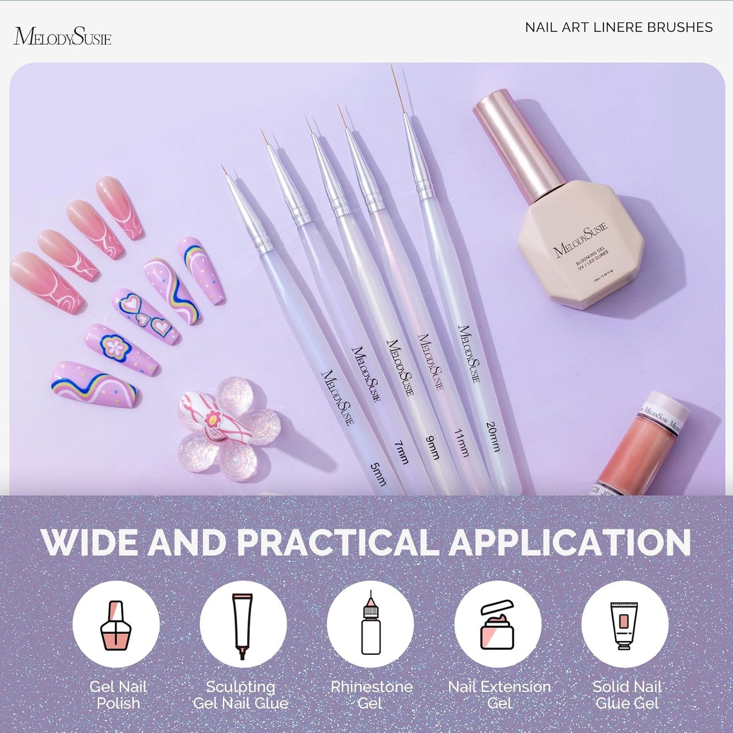 MelodySusie 5Pcs Nail Art Liner Brushes Professional Gel Polish Painting Art Design Pen Set for Thin Long Lines, Tiny Details, Fine Drawing, Delicate Coloring Sizes 5/7/9/11/20mm