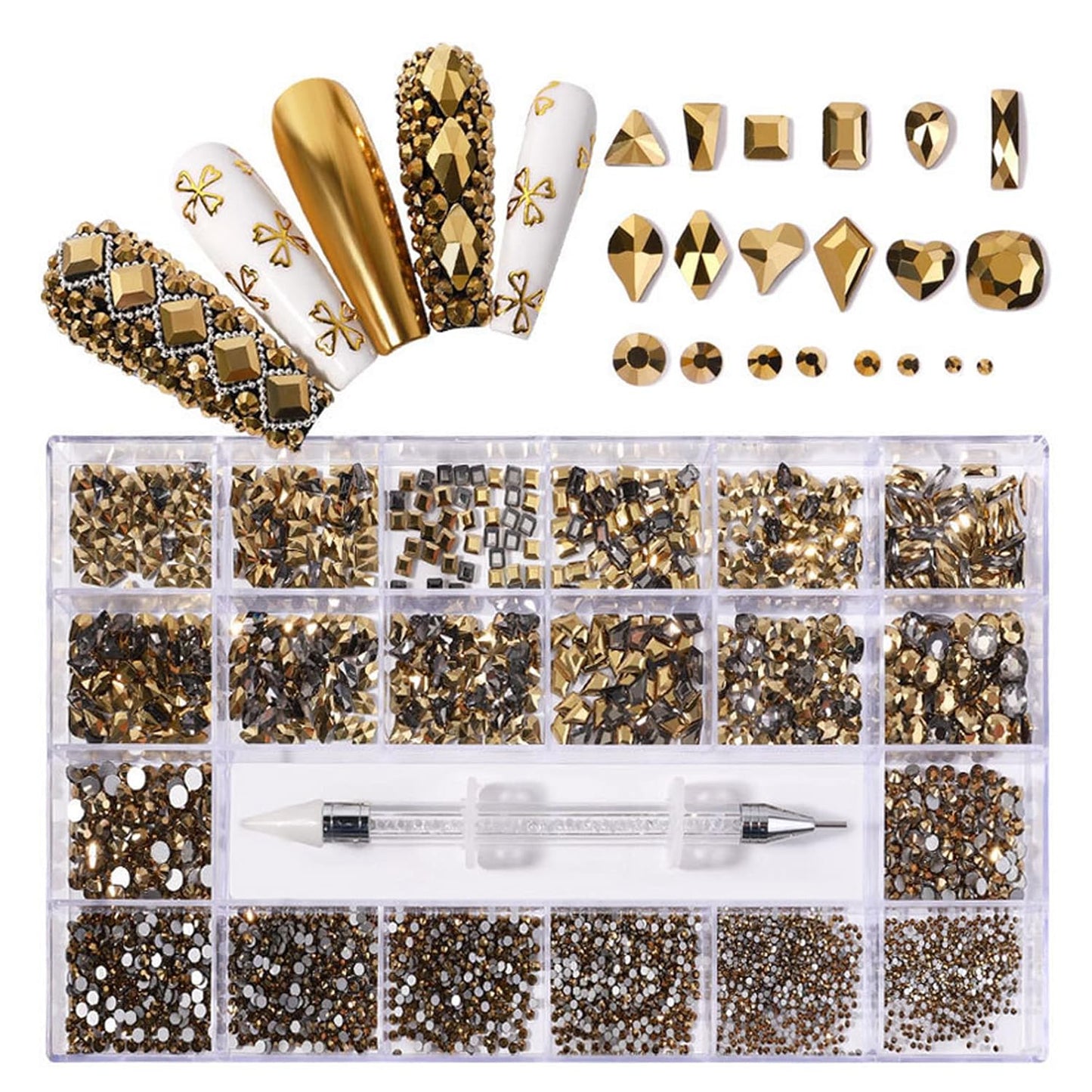 Nail Rhinestones Kit, Nail Art Decorations with Wax Pencil Flat AB Rhinestones Kit DIY Crafts Gemstones for Nail, Shoes, Clothes, Jewels (600 Gold diamonds + 2500 flat rhinestones)