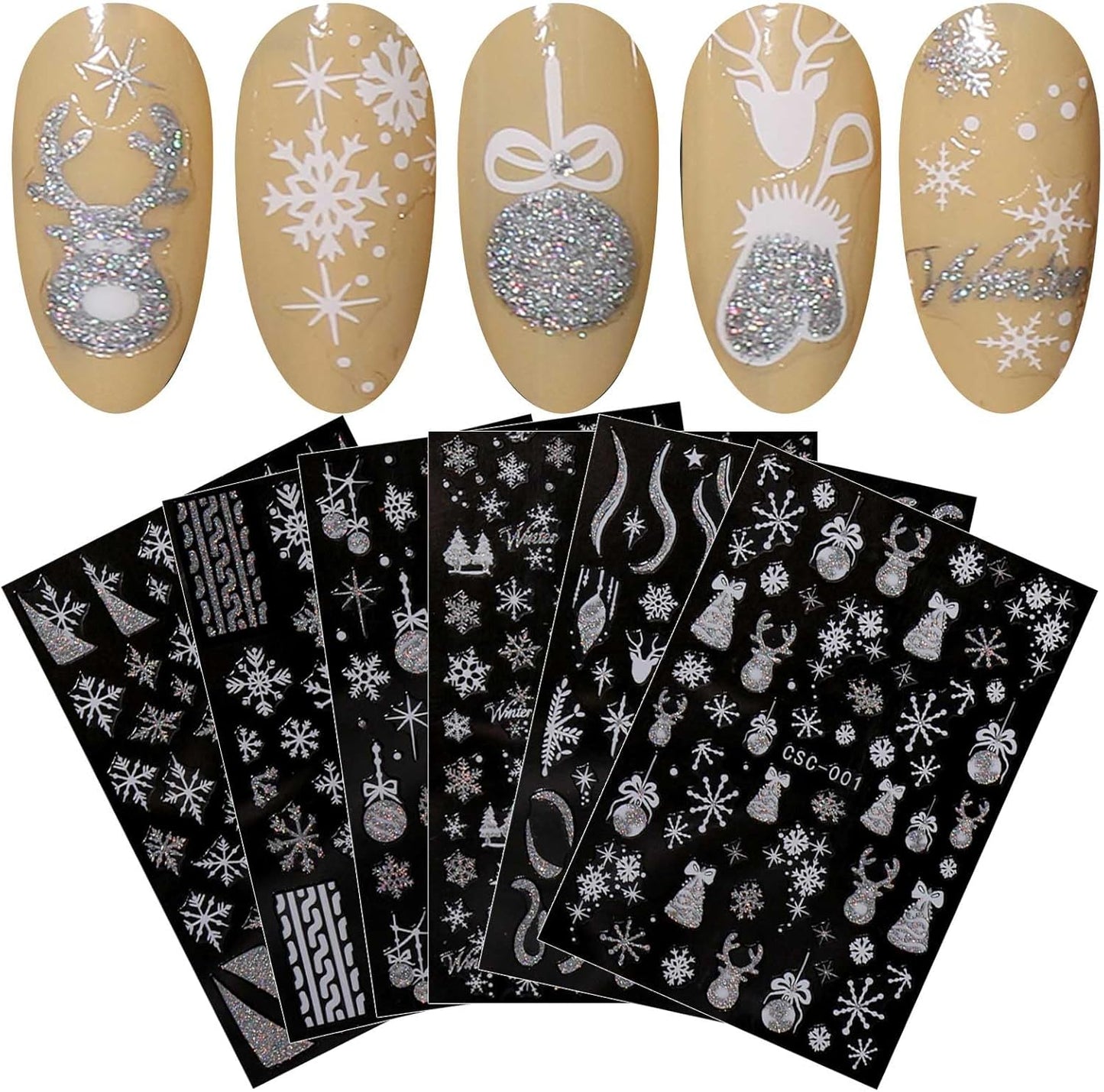 JMEOWIO 8 Sheets Christmas Glitter Nail Art Stickers Decals Self-Adhesive Snowflake Winter Holiday Cute Silver White Nail Supplies Nail Art Design Decoration Accessories