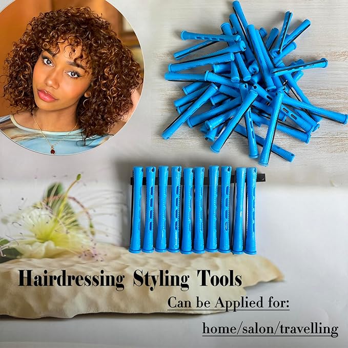 40pcs Perm Rods Set for Natural Hair Blue Plastic Cold Wave Rods Hair Curling Rollers with Steel Pintail Comb Rat Tail DIY Hairdressing Tools（40pcs Blue）