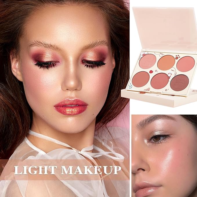 6 Colors Blush Palette,Matte Contour Makeup Blush for Cheeks,Waterproofing Highly Pigmented Face Cheek Blusher with Make Up Brush A3