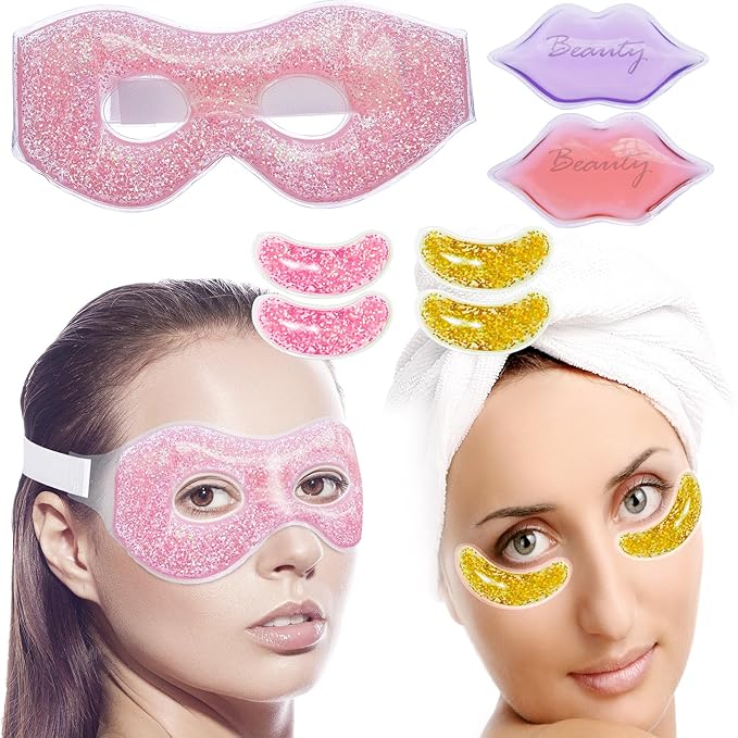 Ice Under Eye Patches Eye Mask Lip Care Gel Pads Treatment Mask Lip Mask, Cooling Eye Lip Gel Masks Cold Hot Therapy for Wrinkles Firming Swelling Cosmetic Bruising Reusable 7 Pack