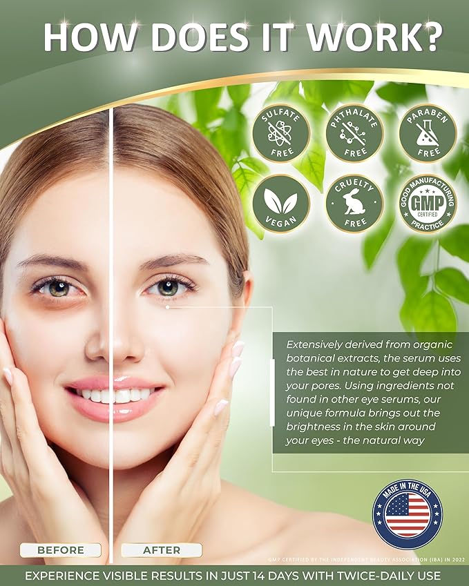 Blend Organic Eye Serum For Bags Under Eyes - Dark Eye Circle Remover with Eyebright Extract - Under Eye Serum For Dark Circles and Puffiness - Anti Aging Eye Cream For Women (0.5Oz)