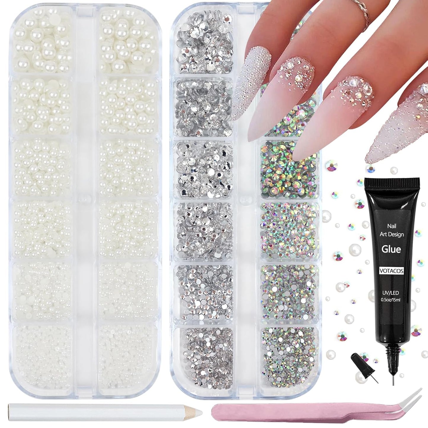 Nail Art Pearls Rhinestones with Glue Gel White Flatback Pearls Luxurious Nail Charms Supplies Accessories Colorful Nails Rhinestones Gems Jewelry for Women Nails Design
