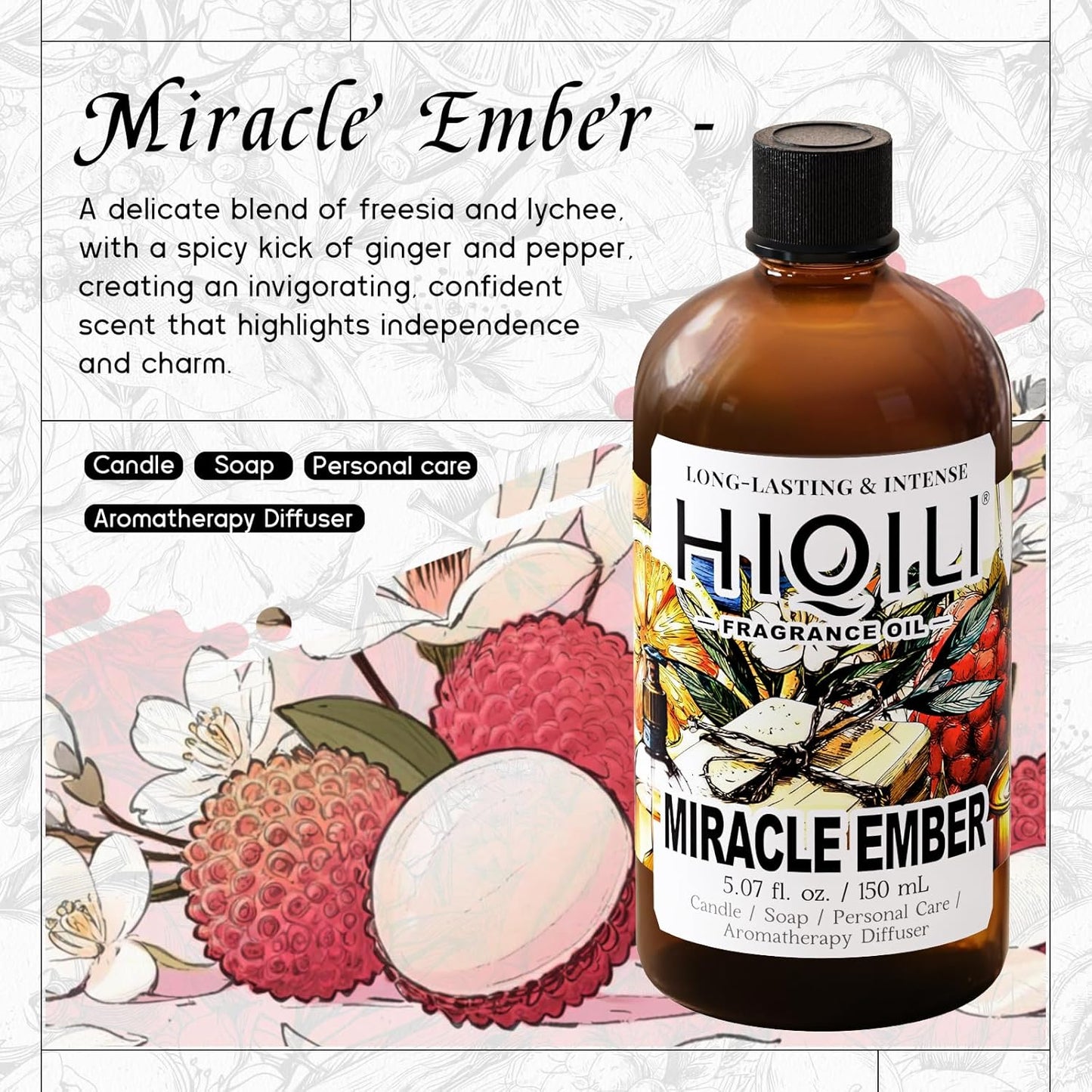 HIQILI Miracle Ember Fragrance Oil for Candle & Soap Making, Inspired by L.acome Mira-cle, Luxury Aroma for Room Air Freshener, Add to Essential Oil Diffuser - 5.07 Fl Oz